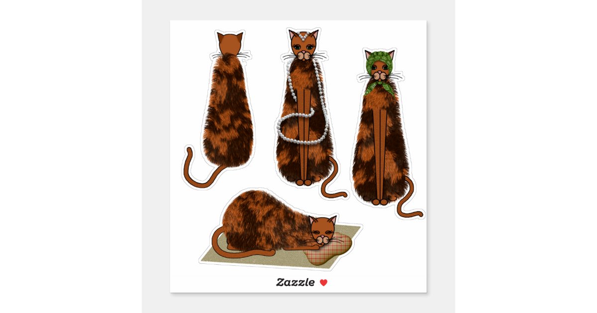 Fancy Cartoon Tortoiseshell Cats X4 vinyl Sticker | Zazzle