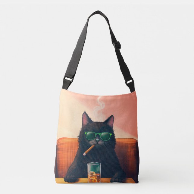 Fancy Cat Drinking Whiskey Crossbody Bag (Front)