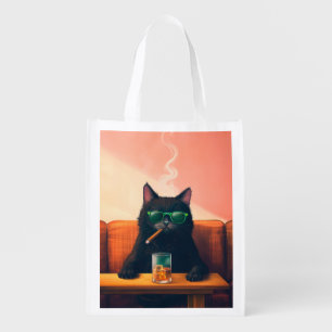 Fancy Cat Drinking Whiskey Grocery Bag