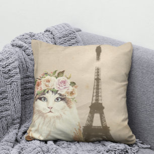 Fancy Cat & Eiffel Tower Throw Pillow