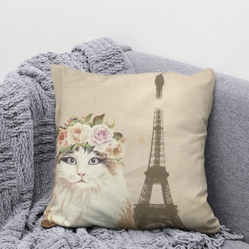 Fancy Cat  Eiffel Tower Throw Pillow