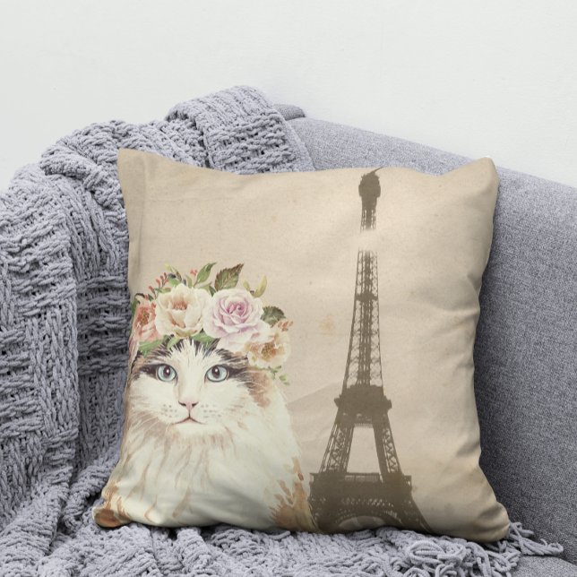 Fancy Cat & Eiffel Tower Throw Pillow (Creator Uploaded)
