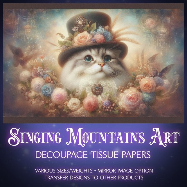 Fancy Cat in Victorian Hat Floral Decoupage  Tissue Paper (Creator Uploaded)