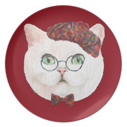 Fancy Cat Lovers Decor Top Hat Bow Tie Glasses Melamine Plate