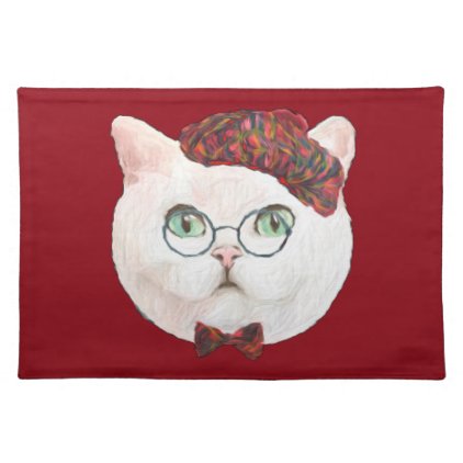 Fancy Cat Lovers Decor Top Hat Bow Tie Glasses Placemat