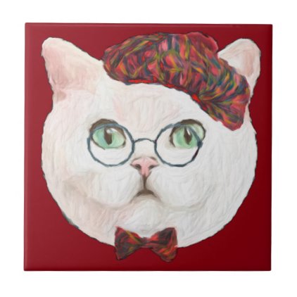 Fancy Cat Lovers Decor Top Hat Bow Tie Glasses Tile