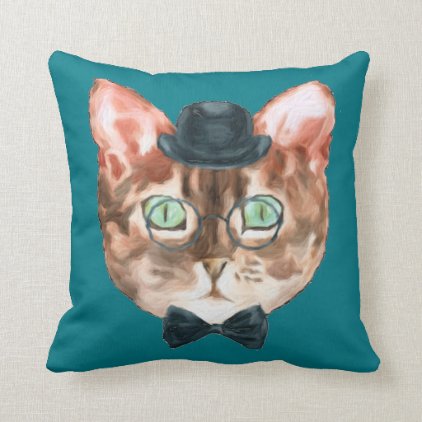 Fancy Cat Lovers Decor Top Hat Glasses Bow Tie Throw Pillow