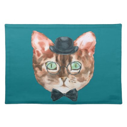 Fancy Cat Lovers Decor Top Hat Glasses Cloth Placemat