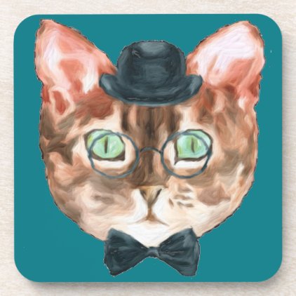 Fancy Cat Lovers Decor Top Hat Glasses Drink Coaster