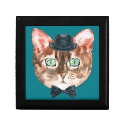 Fancy Cat Lovers Decor Top Hat Glasses Jewelry Box