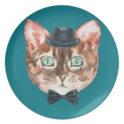 Fancy Cat Lovers Decor Top Hat Glasses Melamine Plate