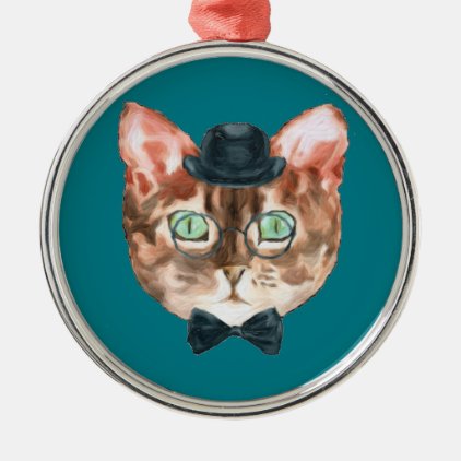 Fancy Cat Lovers Decor Top Hat Glasses Metal Ornament