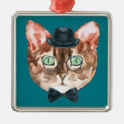 Fancy Cat Lovers Decor Top Hat Glasses Metal Ornament