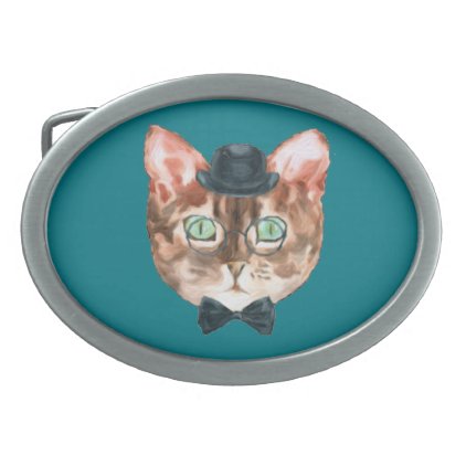 Fancy Cat Lovers Decor Top Hat Glasses Oval Belt Buckle