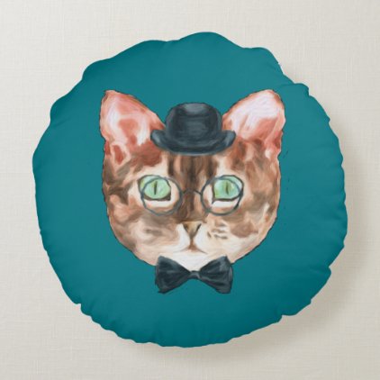 Fancy Cat Lovers Decor Top Hat Glasses Round Pillow