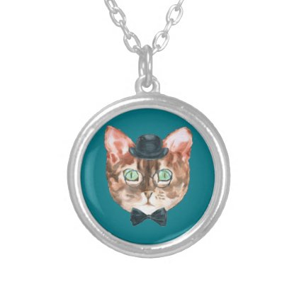 Fancy Cat Lovers Decor Top Hat Glasses Silver Plated Necklace