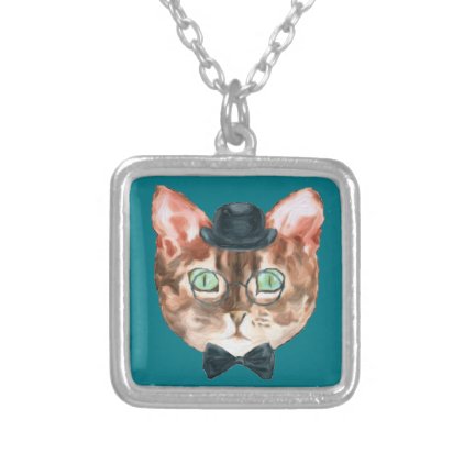 Fancy Cat Lovers Decor Top Hat Glasses Silver Plated Necklace