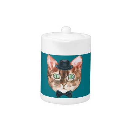 Fancy Cat Lovers Decor Top Hat Glasses Teapot