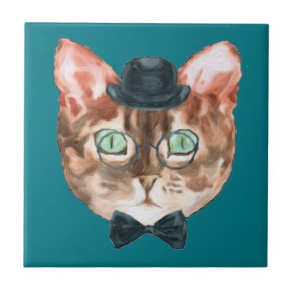 Fancy Cat Lovers Decor Top Hat Glasses Tile