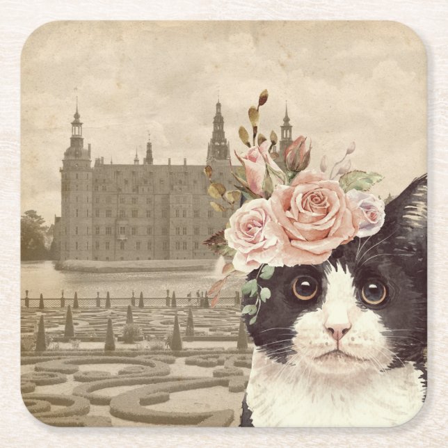 Fancy Cat & The Castle Square Paper Coaster (Front)