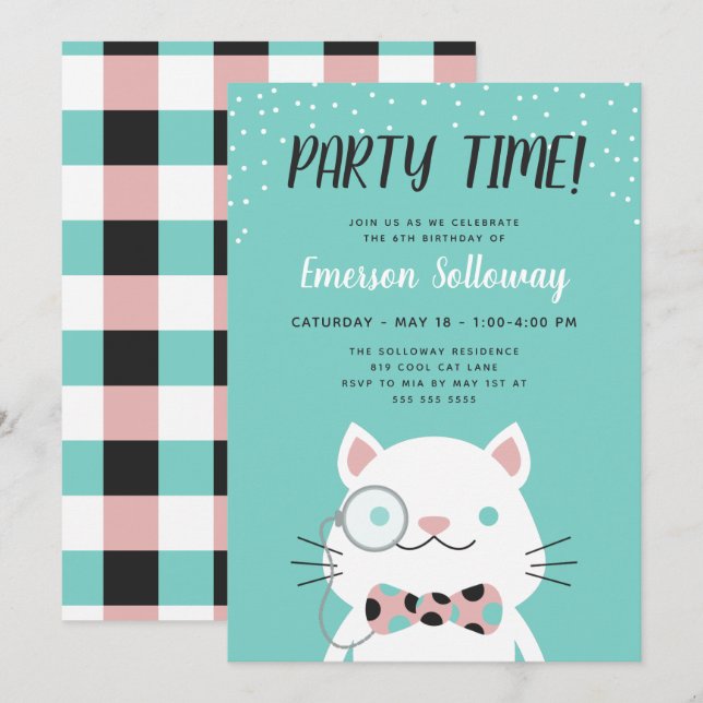 Fancy Cat Turquoise Kids Birthday Party Invitation (Front/Back)