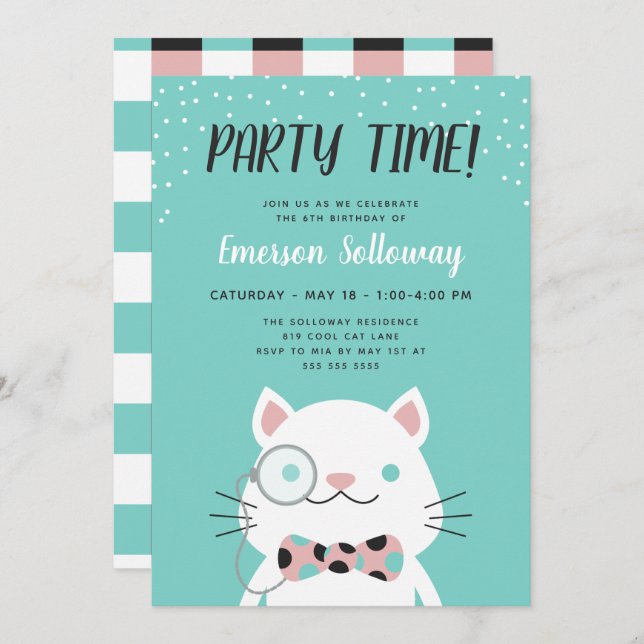 Fancy Cat Turquoise Kids Birthday Party Invitation (Front/Back)