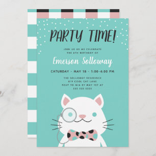 Fancy Cat Turquoise Kids Birthday Party Invitation
