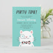 Fancy Cat Turquoise Kids Birthday Party Invitation (Standing Front)