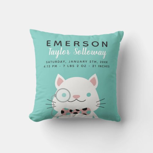 Fancy Cat with Monocle Birth Stats Throw Pillow