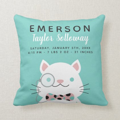 Fancy Cat with Monocle Birth Stats Throw Pillow