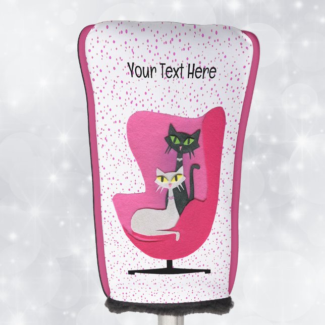 Fancy Cats Diamond Collars Retro Pink Chair Dots Golf Head Cover (Mid century style black white cats in pink chair on white with pink dots golf club cover.)