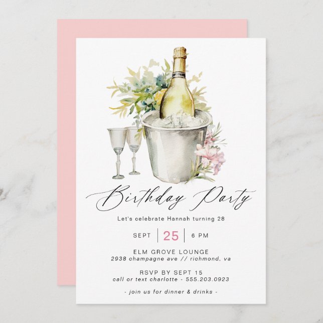 Fancy Champagne | Cute Girly Pink Women's Birthday Invitation (Front/Back)