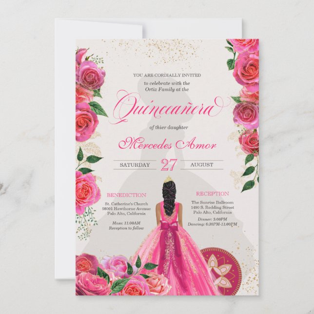 Fancy Charra Pink Gold Roses Country Quinceanera Invitation (Front)