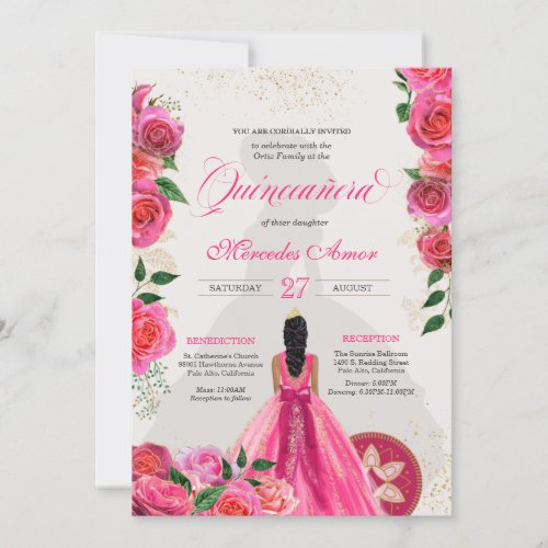 Fancy Charra Pink Gold Roses Country Quinceanera Invitation