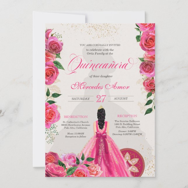 Fancy Charro Hot Pink Roses Western Quinceanera In Invitation (Front)