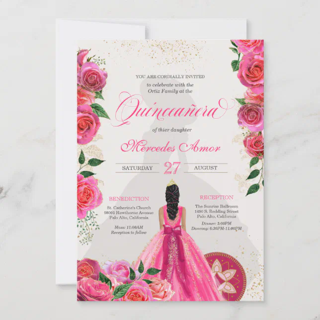 Fancy Charro Hot Pink Roses Western Quinceanera Invitation | Zazzle