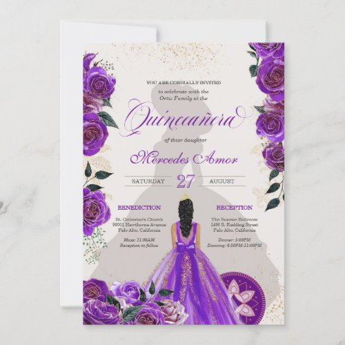 Fancy Charro Purple Roses Western Glam Quinceanera Invitation