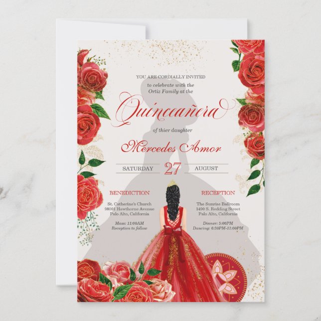 Fancy Charro Red Roses Quinceanera Invitation (Front)
