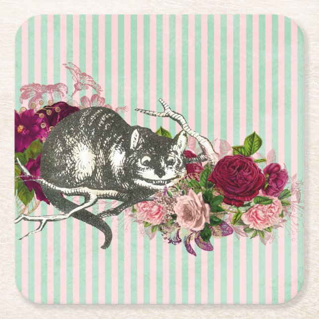 Fancy Cheshire Cat Collage Square Paper Coaster (Front)