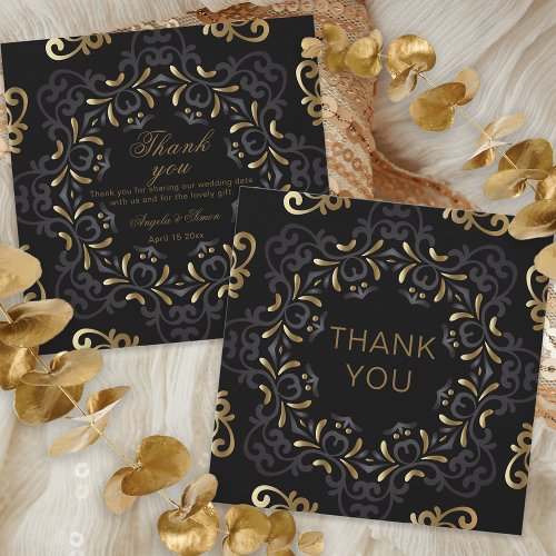 Fancy Chic Black And Gold Baroque Frame Wedding Thank You Card