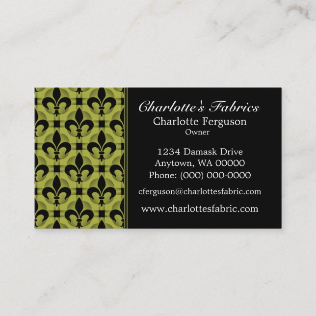 Fancy Chic Business Card, Olive Green Card (Front)
