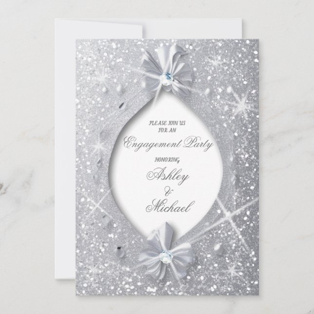 fancy chic elegant silver glitter diamond bow invitation (Front)