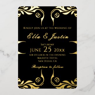 Fancy Chic Faux Gold Border On Black Wedding Foil Invitation