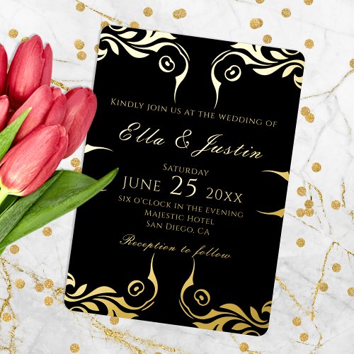Fancy Chic Faux Gold Border On Black Wedding Foil Invitation
