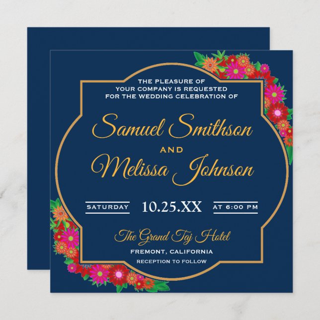 Fancy Chic Floral Frame Blue Wedding Invitation (Front/Back)