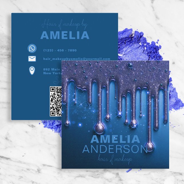 Fancy Chic Glam Blue Paint Drip Hair Makeup Square Business Card (Creator Uploaded)