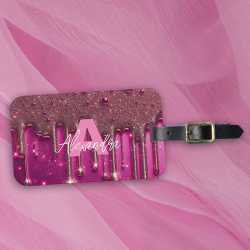 Fancy Chic Glam Pink Paint Drip Name Monogram Luggage Tag