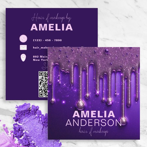 Fancy Chic Glam Purple Paint Drip Hair Makeup Square Business Card