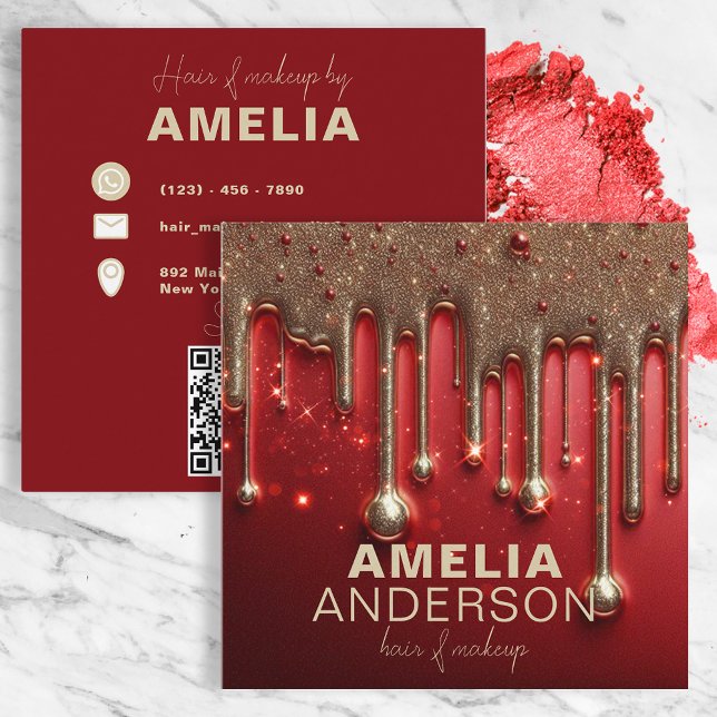 Fancy Chic Glam Red Paint Drip Hair Makeup Square Business Card (Creator Uploaded)