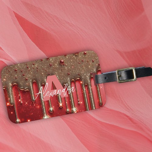 Fancy Chic Glam Red Paint Drip Name Monogram Luggage Tag